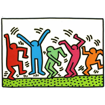 Five bold graphic figures in red, blue, green, pink and orange dancing joyfully together on a green dotted ground, in a flat pop art illustration style